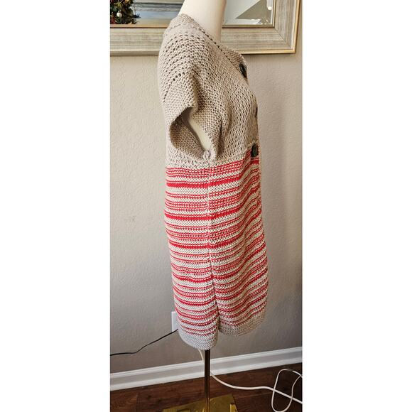 Free People Button Front Crochet Striped Long‎ Cardigan Sweater Size M Tan Red - Picture 3 of 5